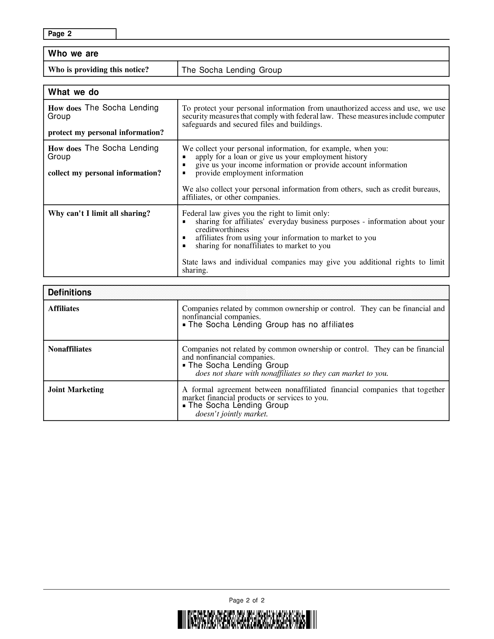 A privacy notice from The Socha Lending Group detailing their personal information protection and collection practices. It includes sections on limiting information sharing and definitions for "Affiliates," "Nonaffiliates," and "Joint Marketing." The notice emphasizes security measures and states that the group has no affiliates and does not share with nonaffiliates for marketing. A barcode is visible at the bottom.